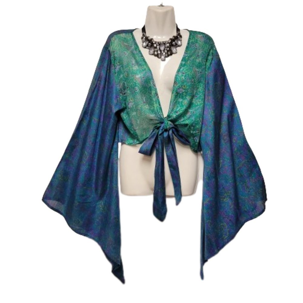 SILK Bolero Top Crop Top Coverup Silk Blazer Short Jacket Butterfly Sleeve Top L